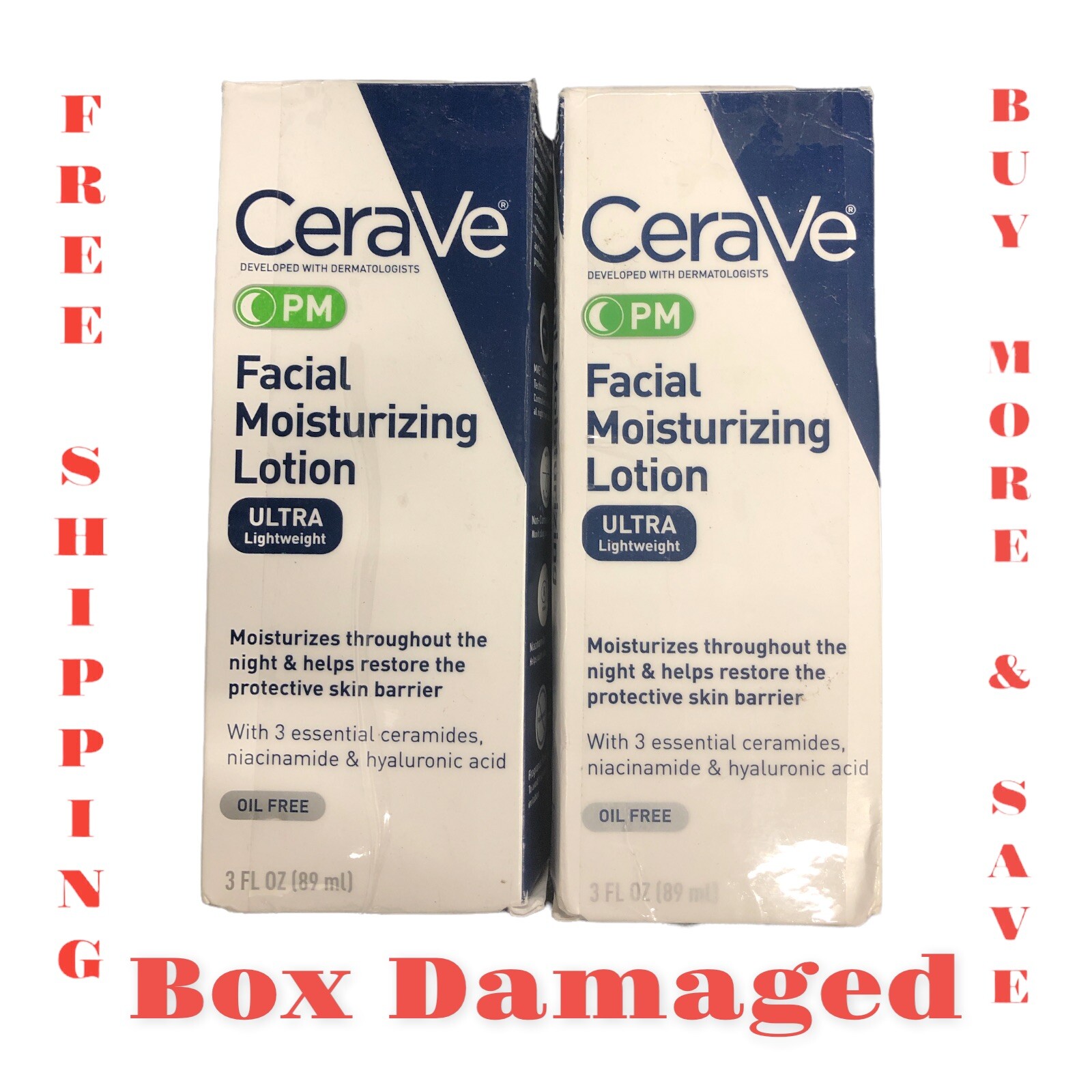 2 Pack CeraVe Facial Moisturizing Lotion PM Ultra Lightweight 3 oz Box Damaged
