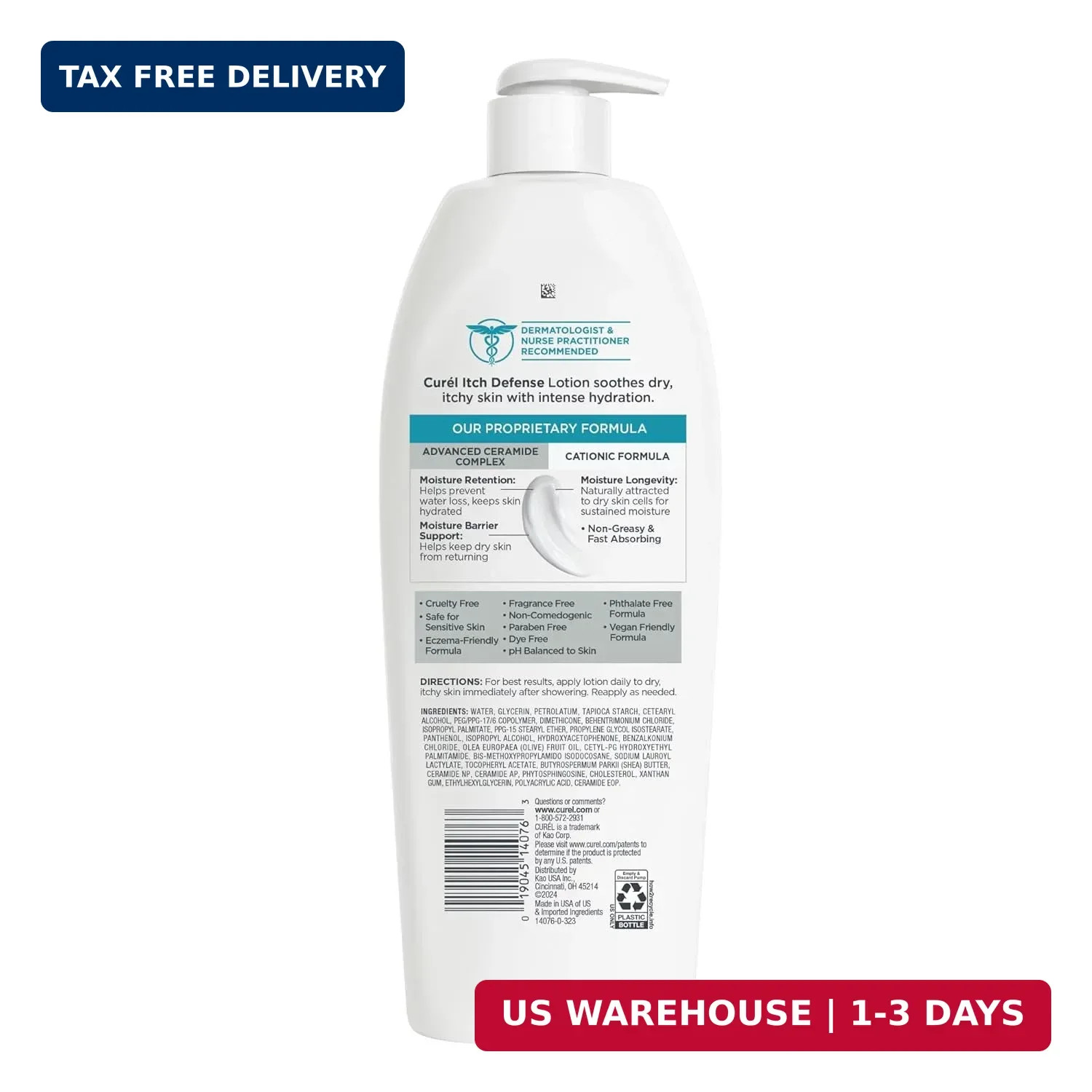 Curel Itch Defense Lotion for Sensitive and Dry Skin, Hand and Body Lotion that