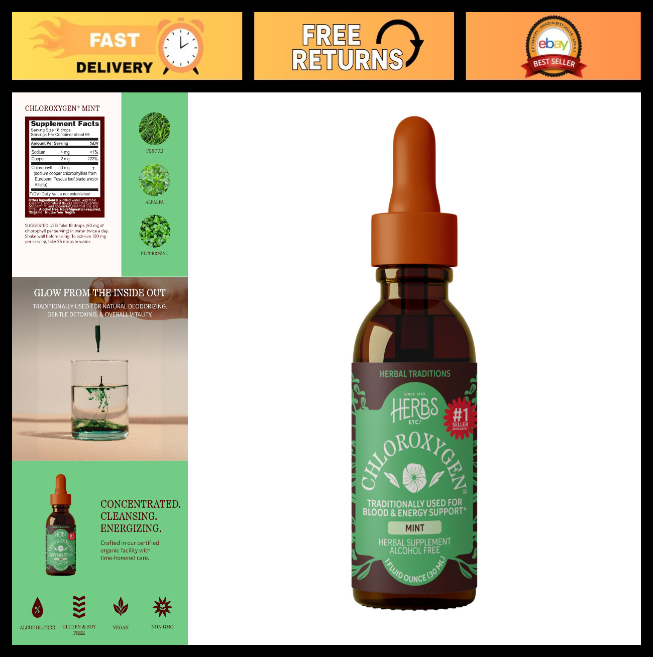 Chlorophyll Concentrate Liquid Drops – Mint Flavor, Alcohol-Free, Detox & Energy