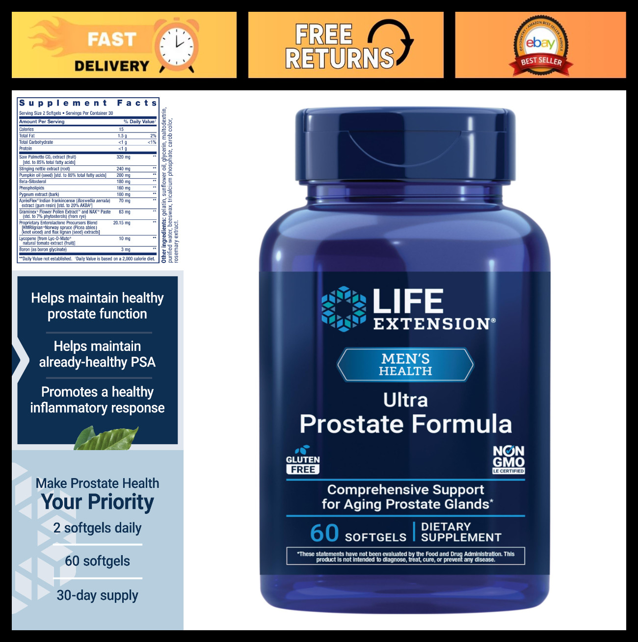 Ultra Prostate Formula with Saw Palmetto, Pygeum & Nettle Root – 60 Softgels for