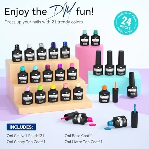 24 Pcs Gel Nail Polish Set 21 Popular Colors Gel Nail Polish Base Coat Glossy &