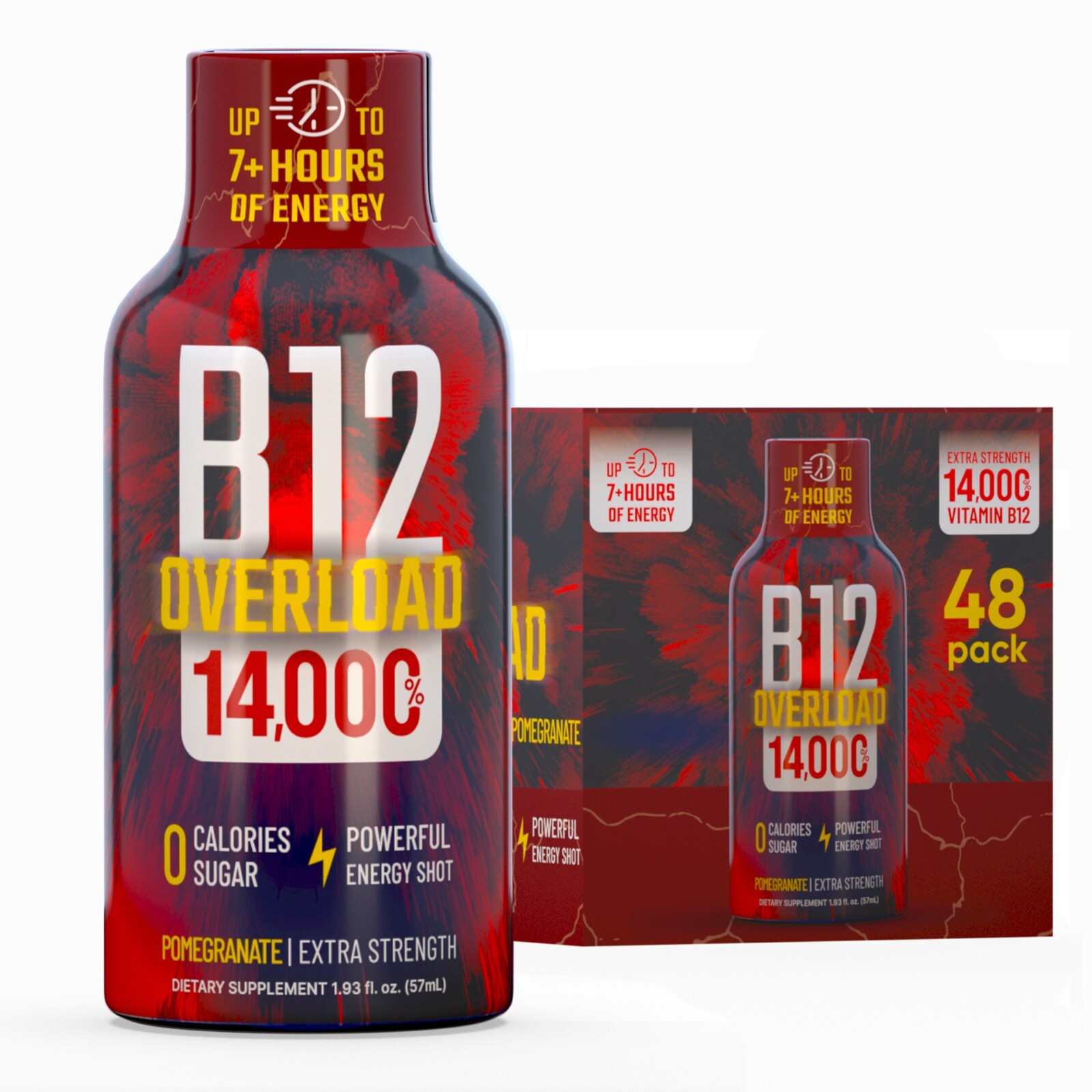 (48 Pack) GAQ B12 Overload Energy Shots, Pomegranate, Up to 7+ Hours of Energy