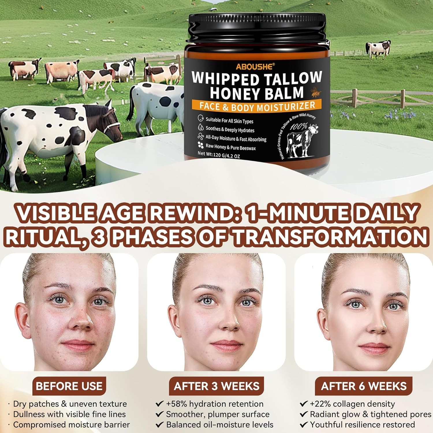 Beef Tallow for Skin, Tallow and Honey Balm for Face, Organic Grass-fed Beef