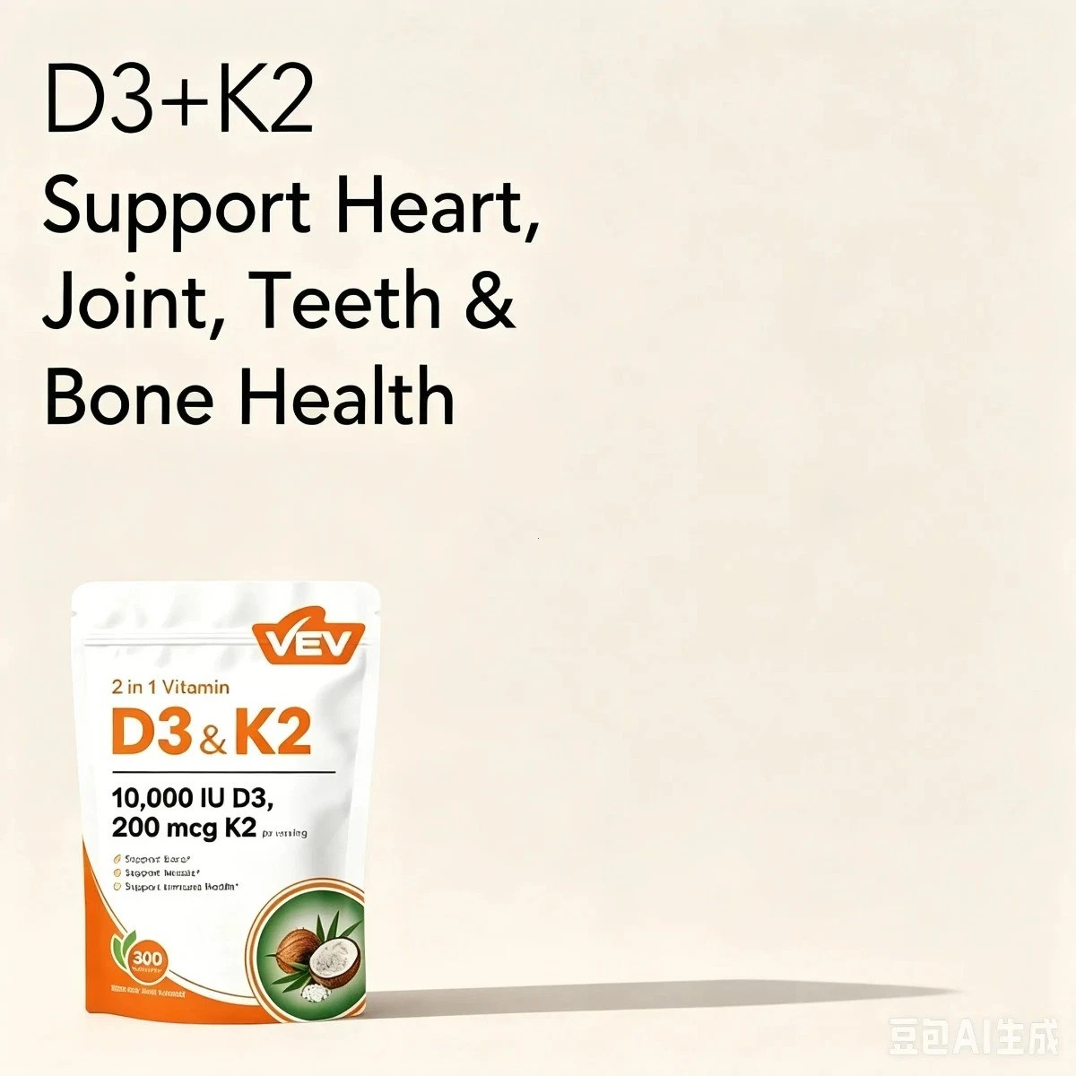 VEV D3 K2 10000 IU Softgels with Coconut Oil, 300 Ct,2-in-1 Vitamin,new