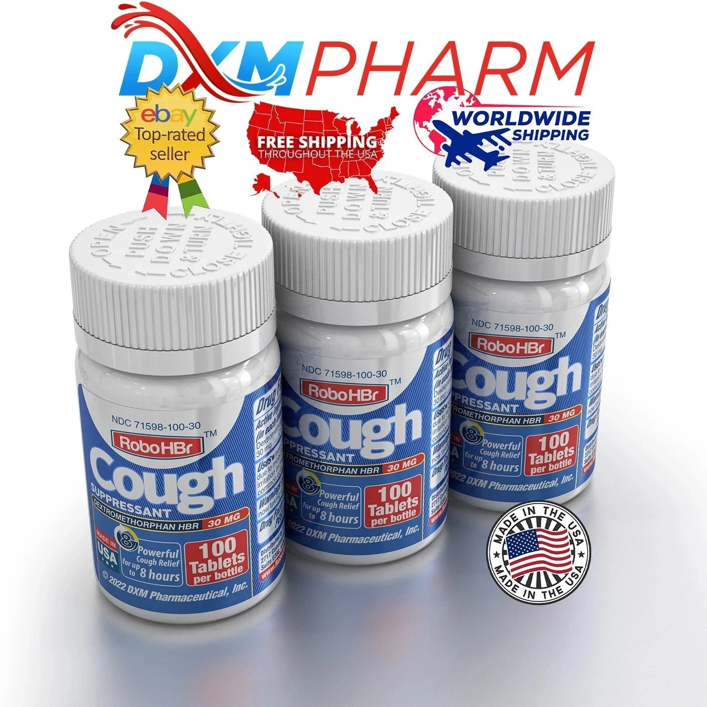 3 PACK HBr Cough suppressant 100 Tablets 30mg of Dextromethorphan Hbr Ship USA**