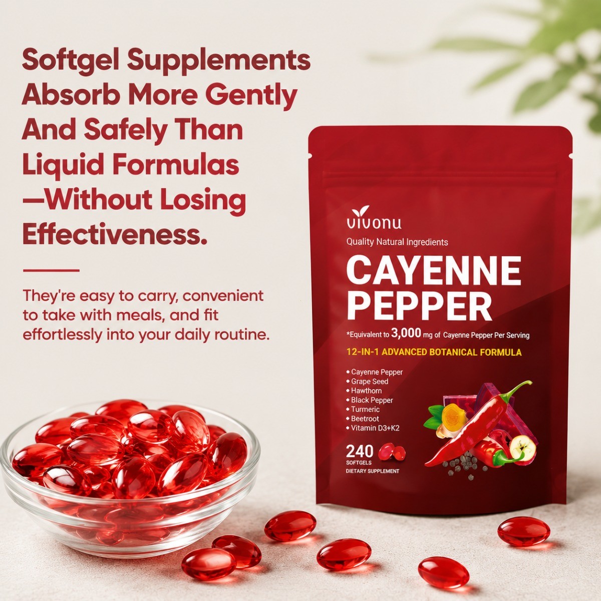 VivoNu Cayenne Pepper Softgels 240ct Heart Vein Blood Vessel Health Support