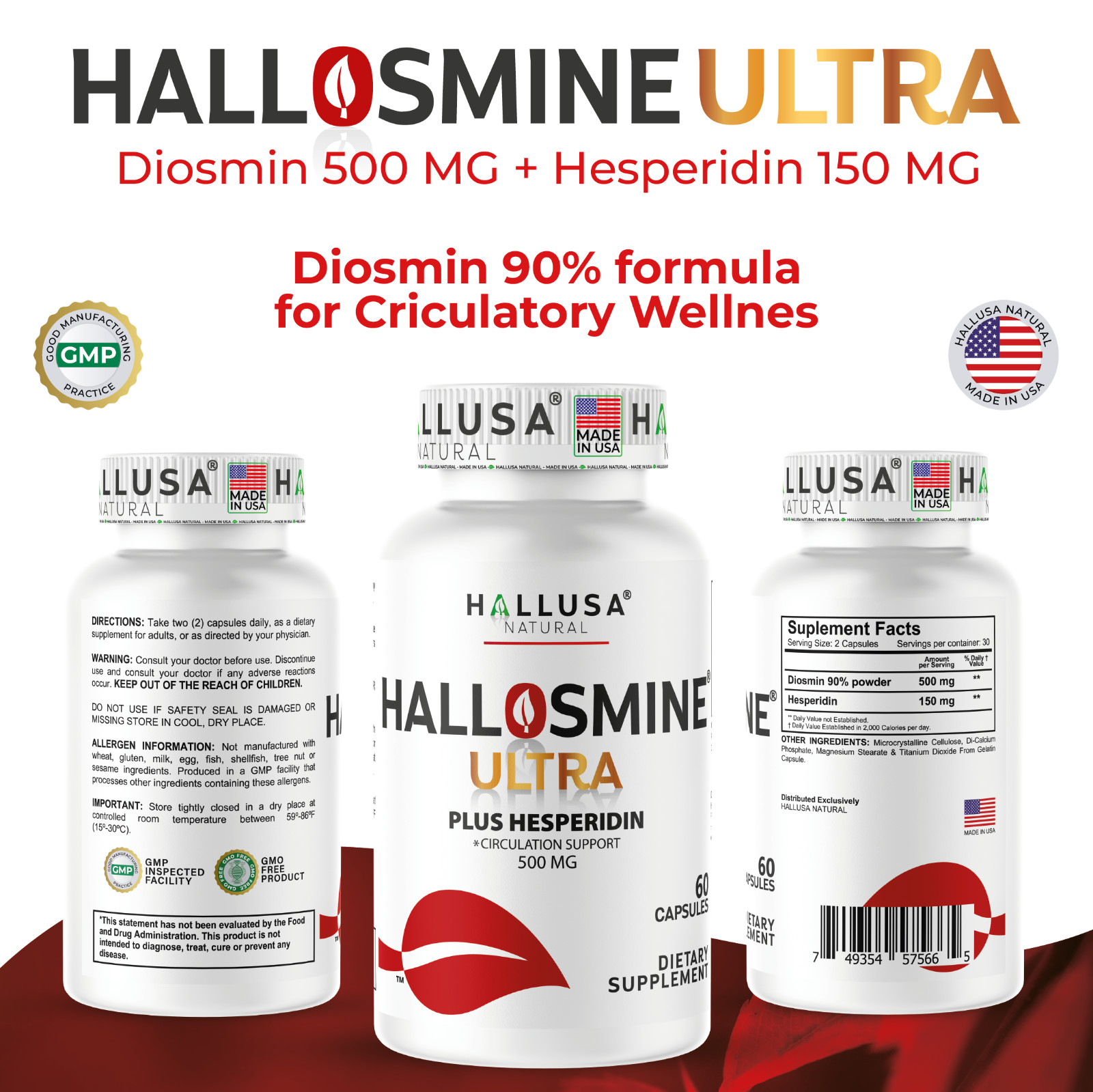 2 pack Hallosmine cream + Free Hallosmine Ultra Diosmin, Vein support supplement