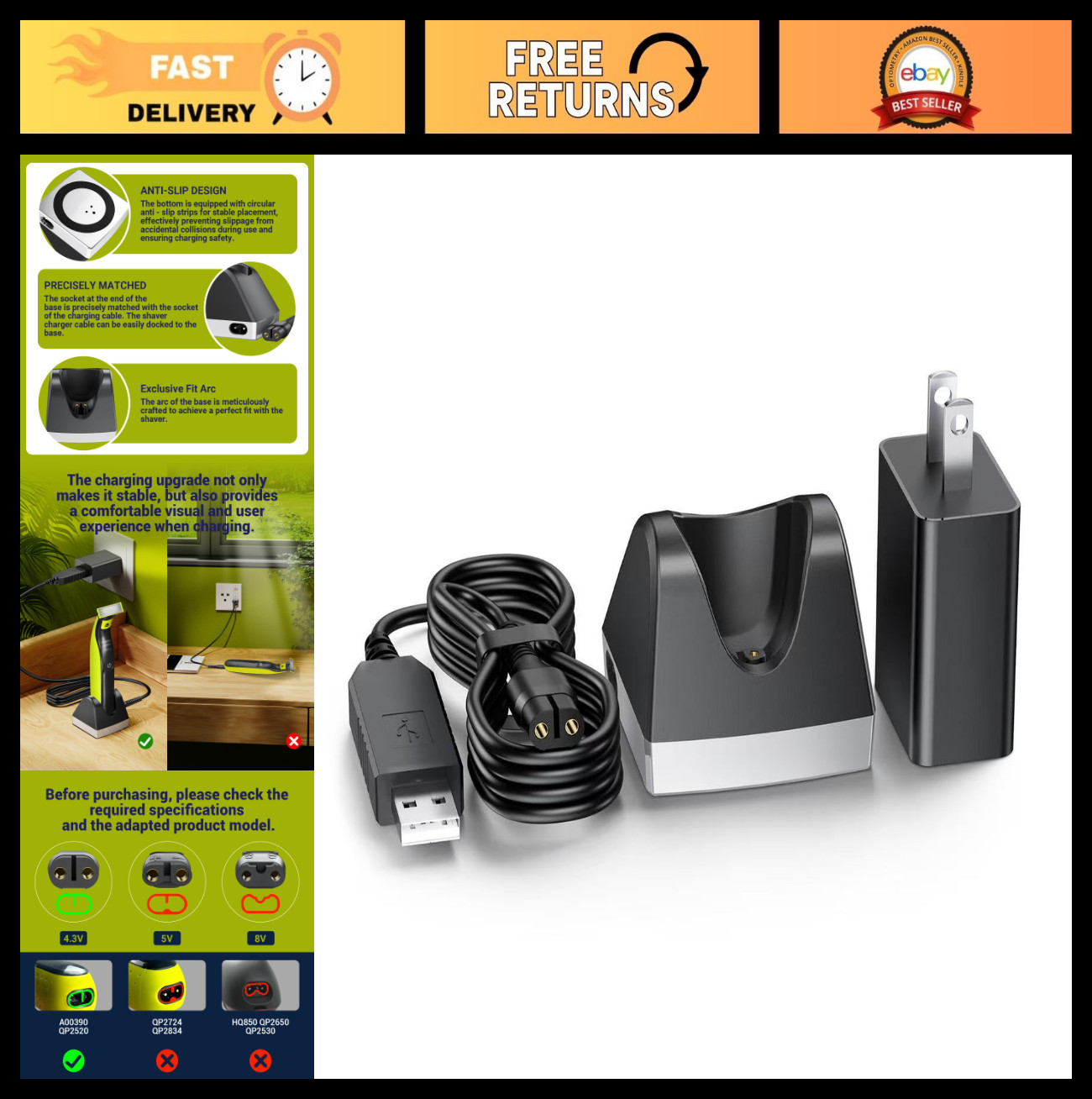 Charger Dock for OneBlade QP2520, 4.3V Charging Base Stand, Electric Trimmer & S