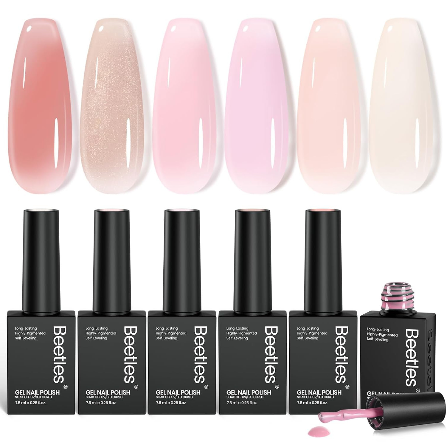Beetles Jelly Gel Nail Polish Set 6 Colors Nude Pink Shimmer Sheer Soak Off UV