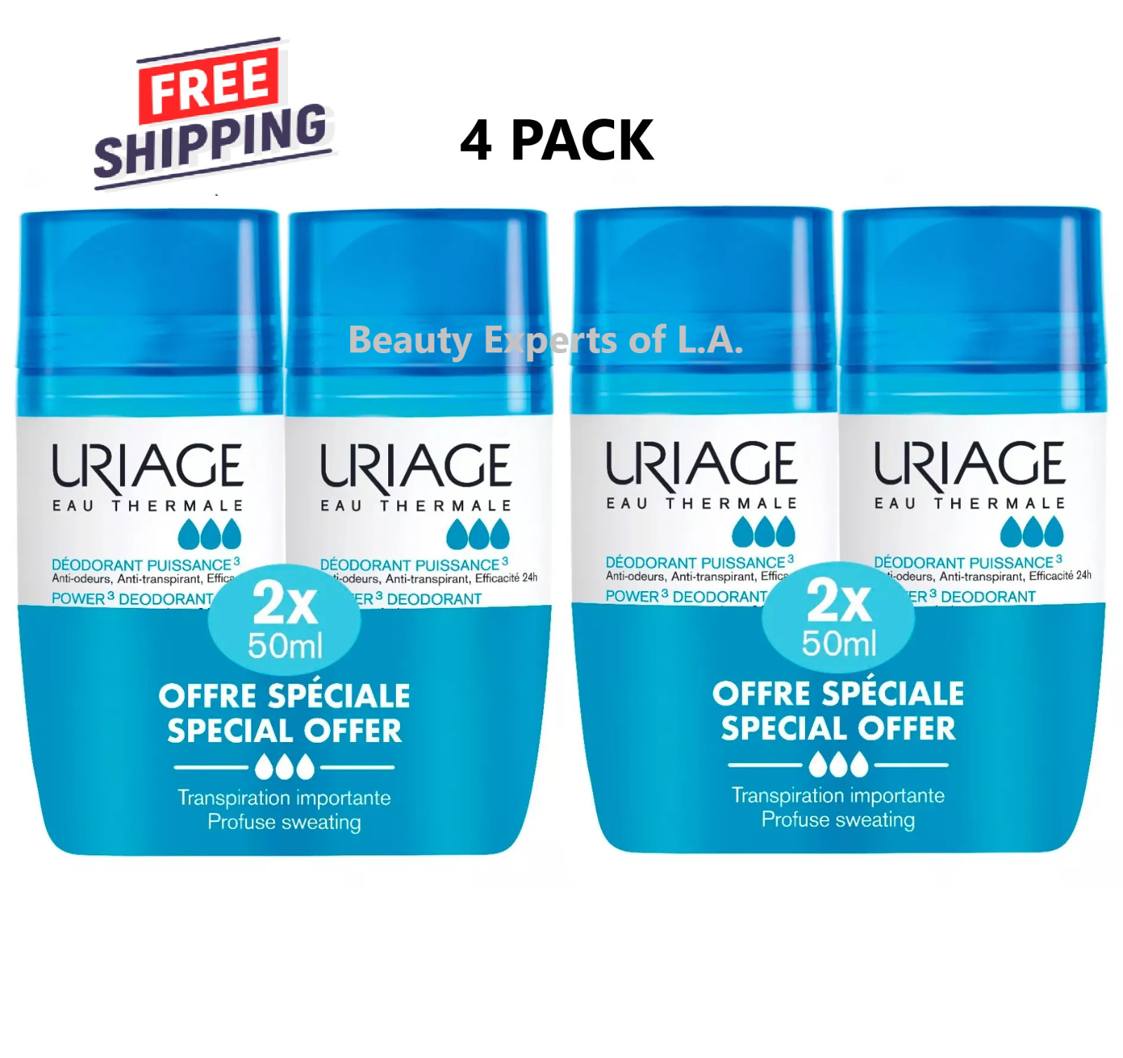 4 X Uriage Power 3 Anti-Odor Antiperspirant Roll On Deodorant 50mI Exp 06/2027
