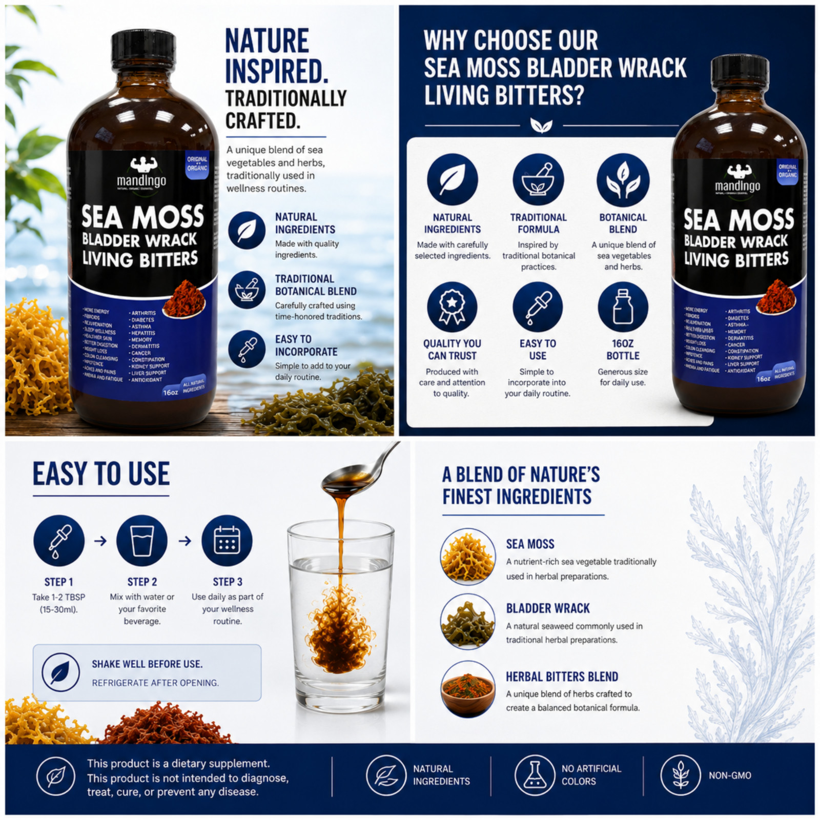 Sea Moss Bladder Wrack Living Bitters 16 oz Herbal Blend Liquid