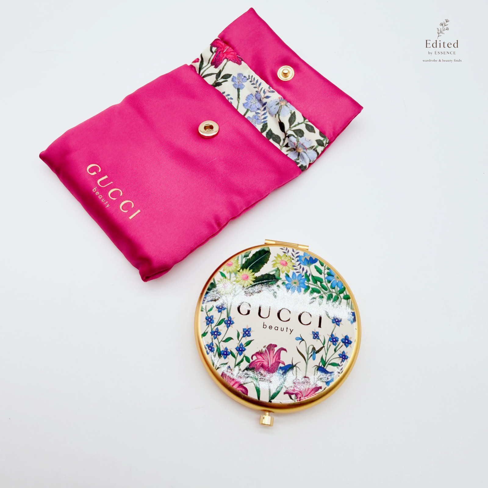 Gucci Beauty Floral Compact Mirror w/ Pink Satin Pouch Gold Tone 6cm