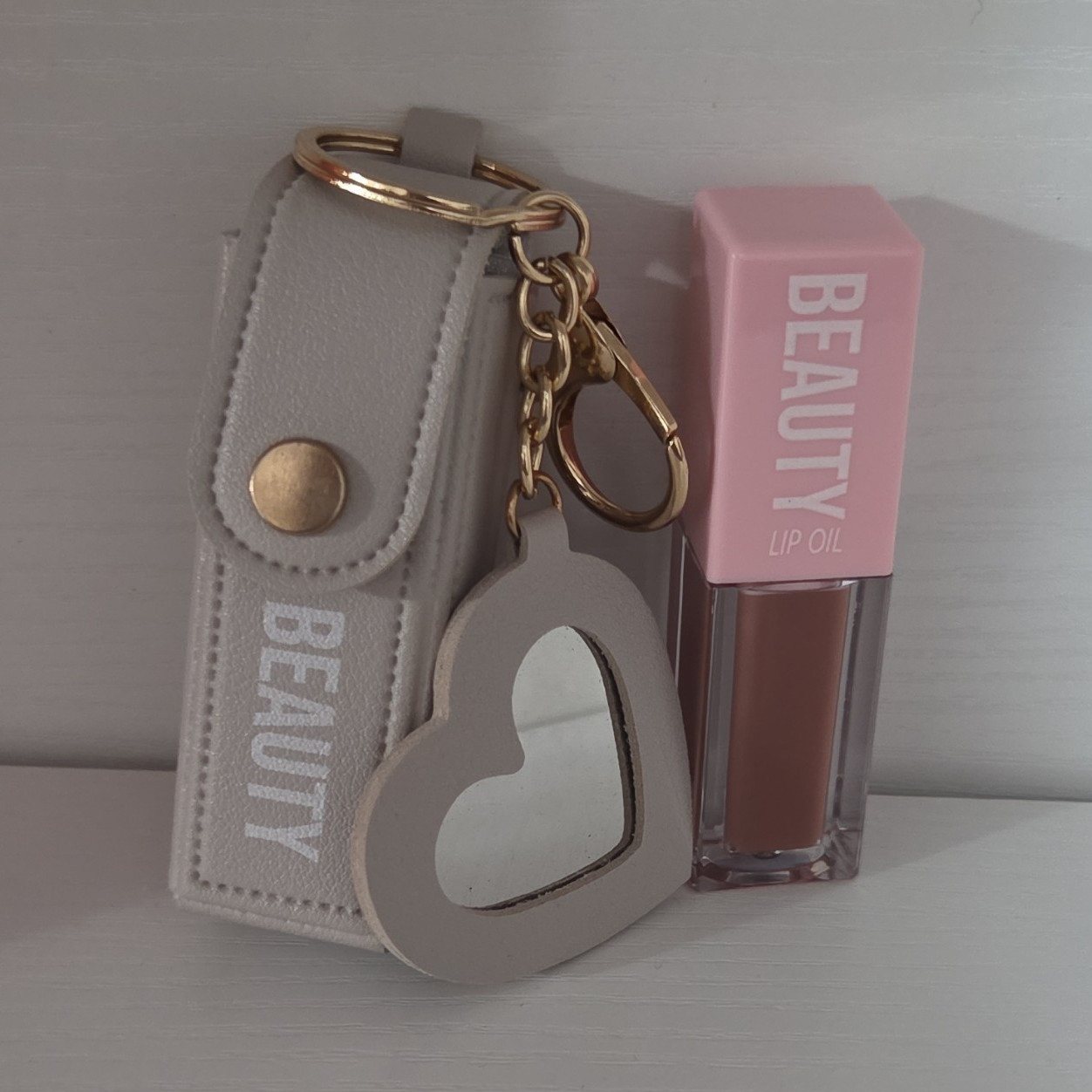Beauty Neutral Shade Lip Oil, Liquid Formulation, Gray Heart Keychain Mirror