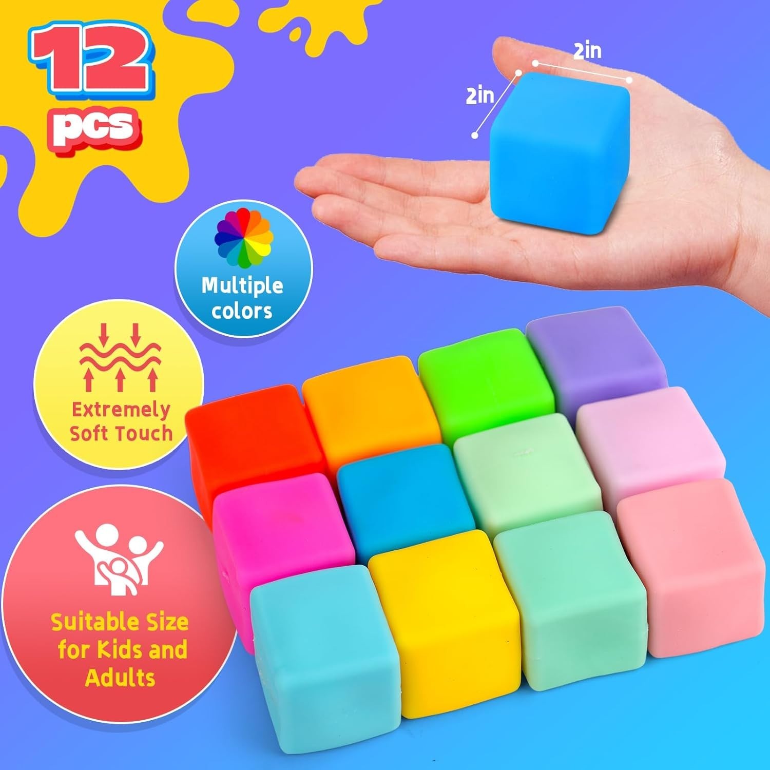 12PCS Squeezeable Stress Cubes – Slow-Rebound Design
