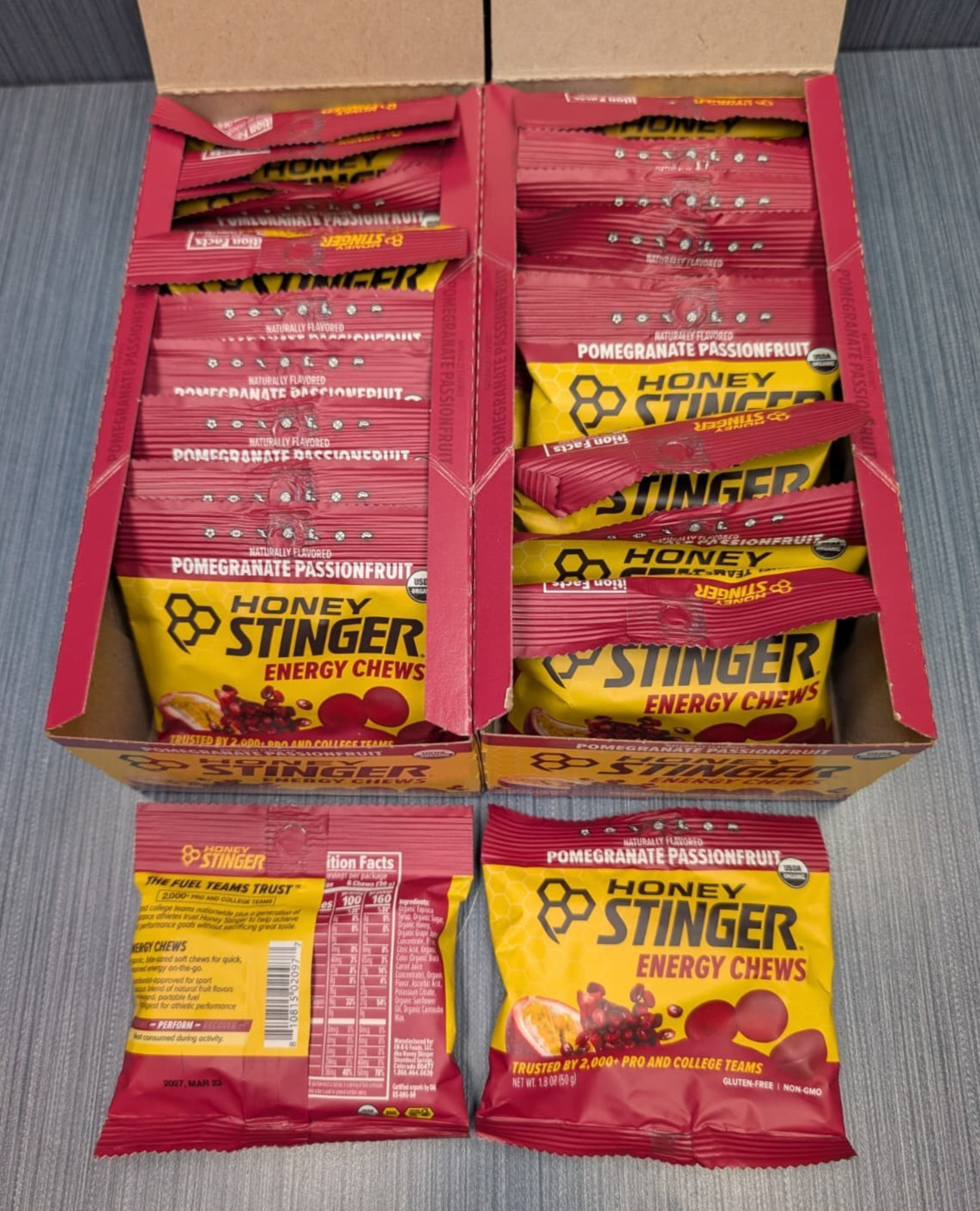 Honey Stinger Organic Energy Chew, Pomegranate, Passion Fruit 24 ct Exp. 03/2027