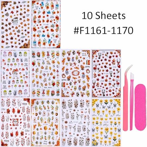 Autumn Nail Stickers Set – 10 Sheets Fall Nail Art Decals with Tweezers Nail