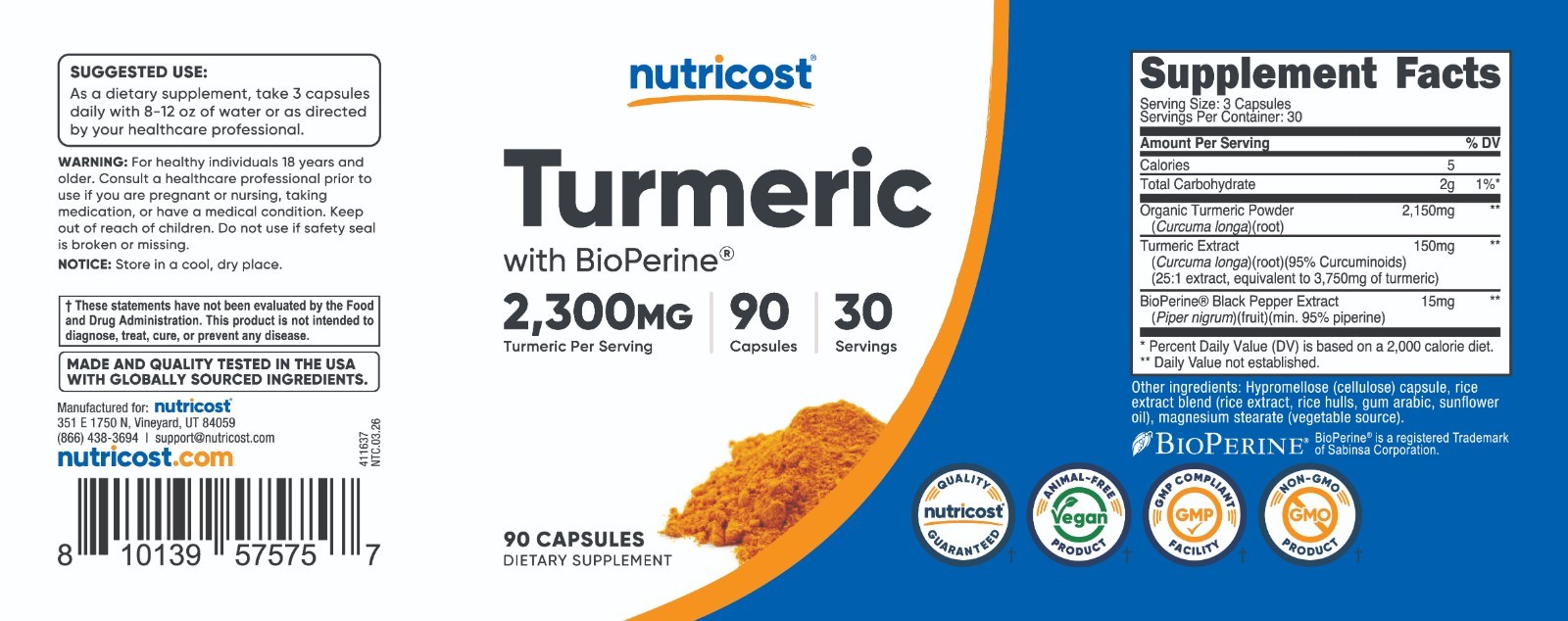 Nutricost Turmeric with BioPerine (2,300mg) 90 Capsules – 95% Curcuminoids