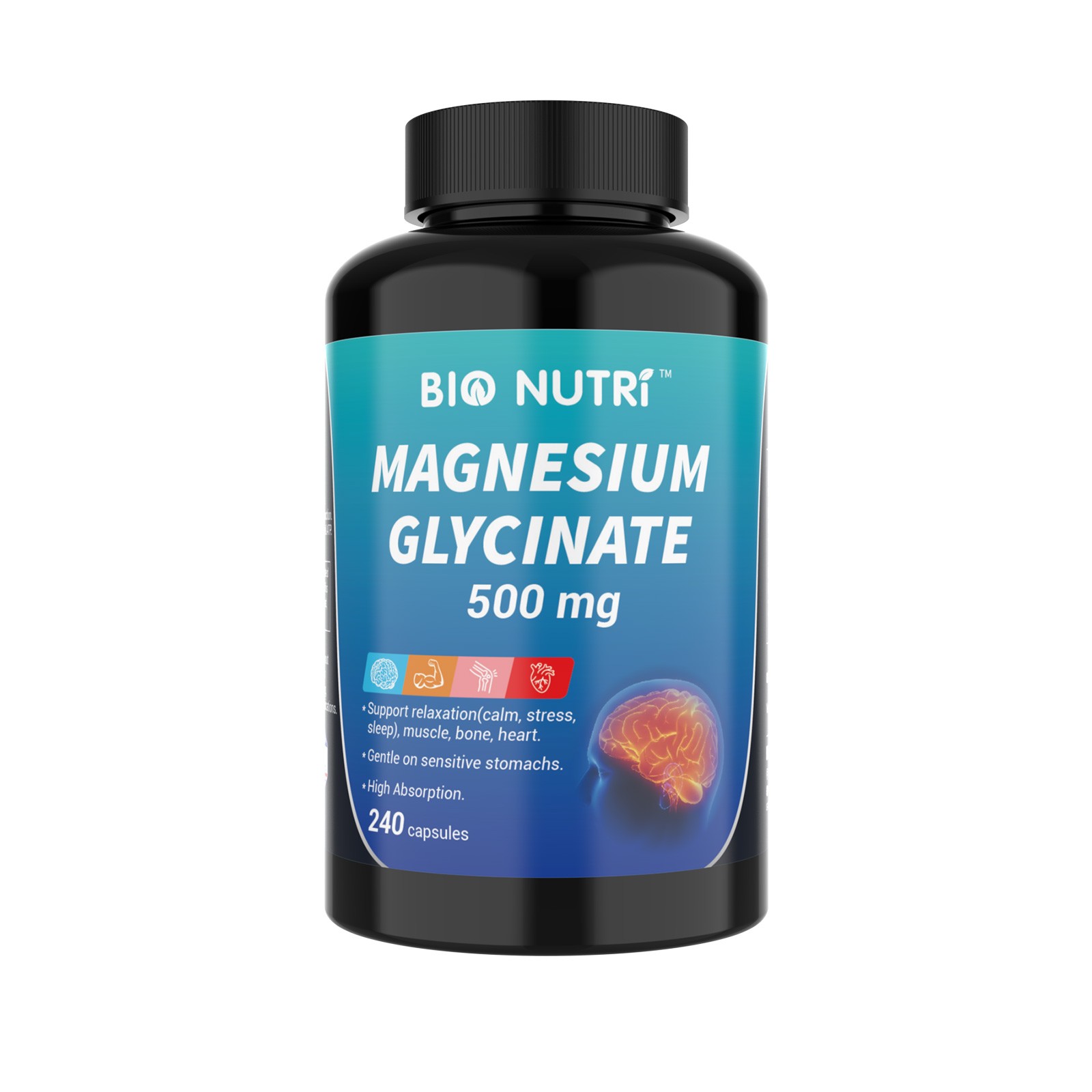 BIO NUTRI Magnesium Glycinate 500mg – 240 Capsules for Stress & Anxiety Relief
