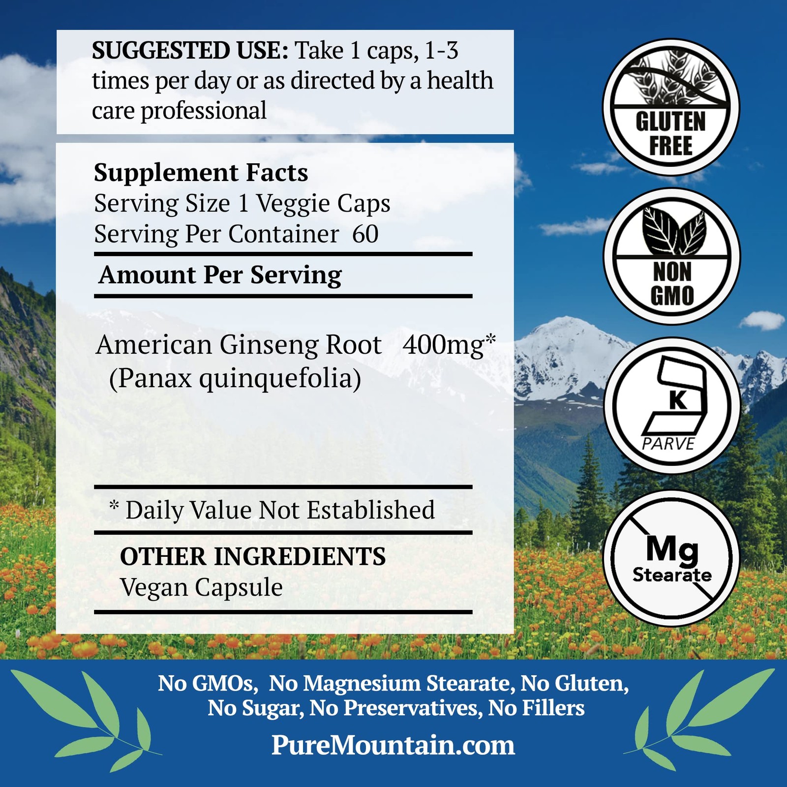 Pure Mountain American Ginseng Capsules – Kosher Vegan 400mg Panax Quinquefolia