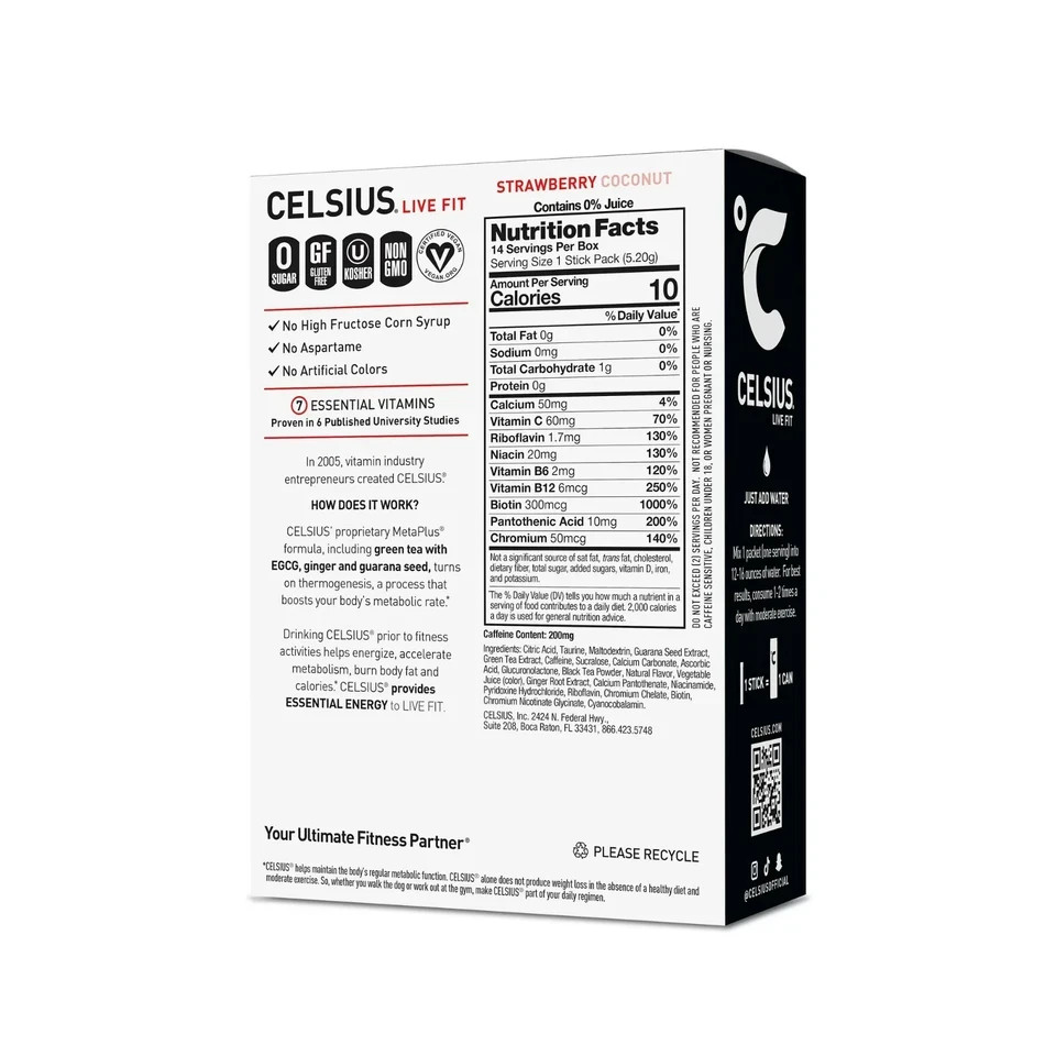 CELSIUS On The Go Energy Drink Mix, Strawberry Coconut (14 Stick Pack). New