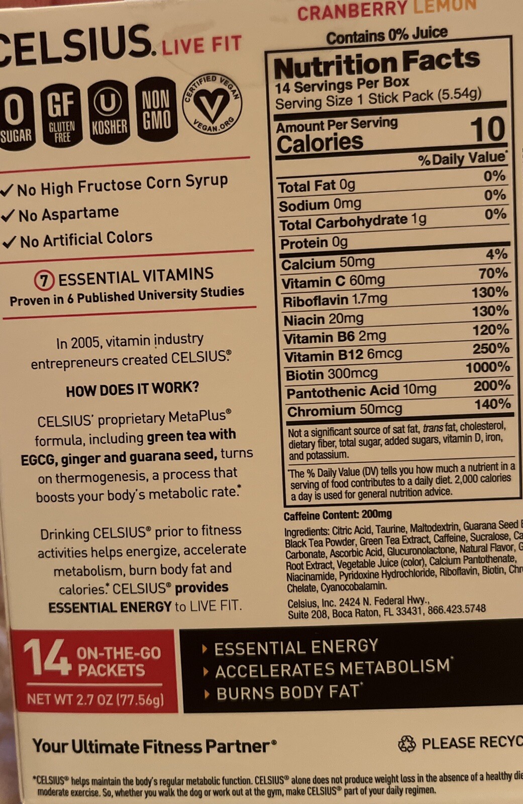 Celsius On-the-GO Cranberry Lemon Powder Sticks 2.5oz, Pack of 14 Exp 12/2025