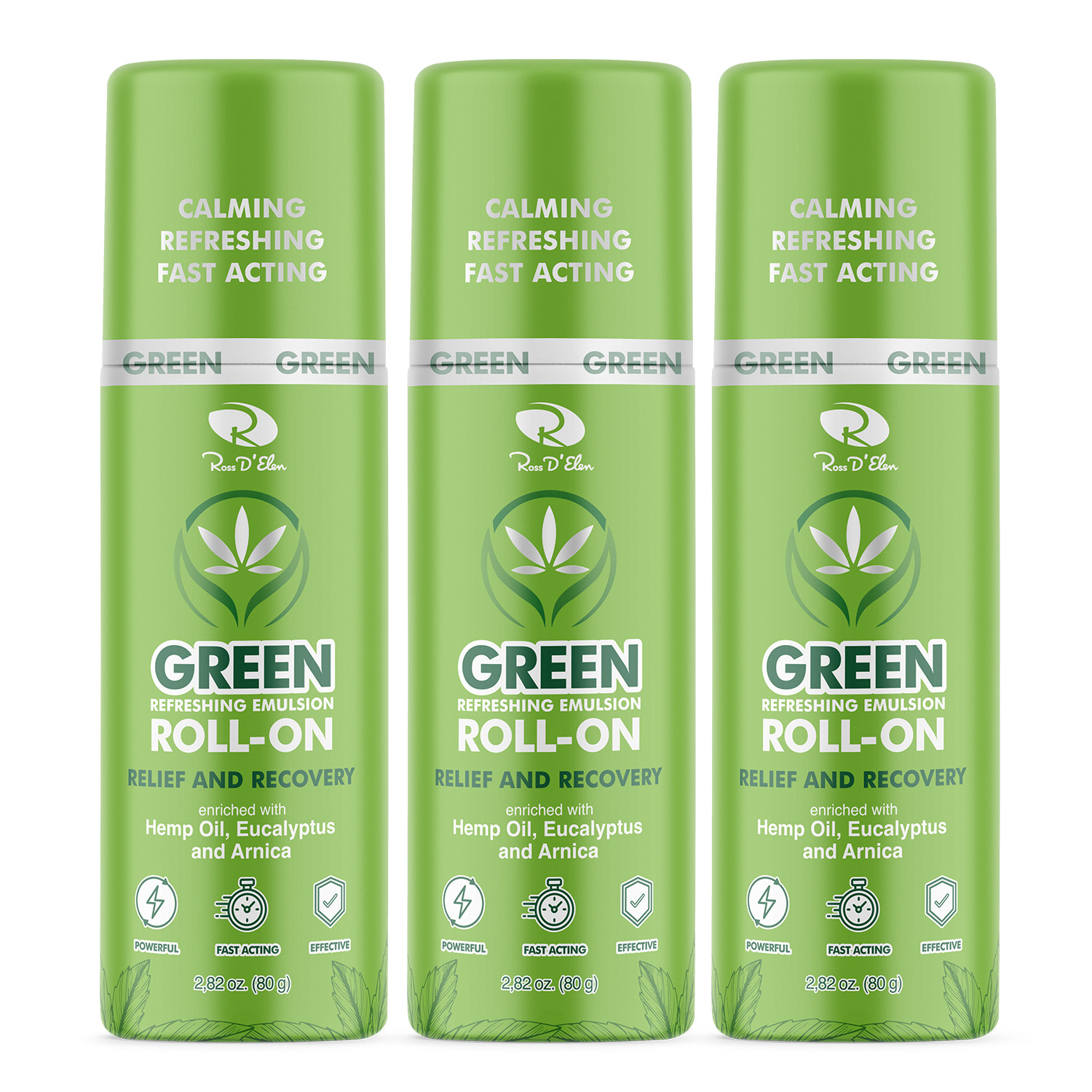 3-Pack Green Pain Relief and Recovery Menthol Eucalyptus Arnica ROLL-ON