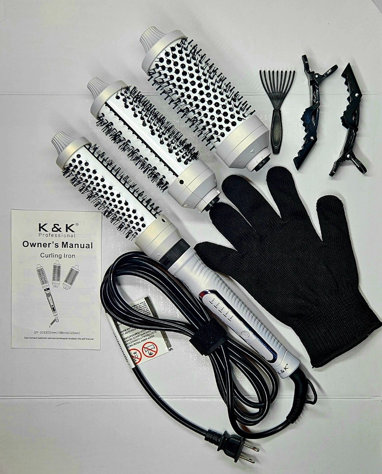 K&K 3-in-1 Thermal Brush Set Ceramic Hot Brush Curling Wand Dual Voltage White