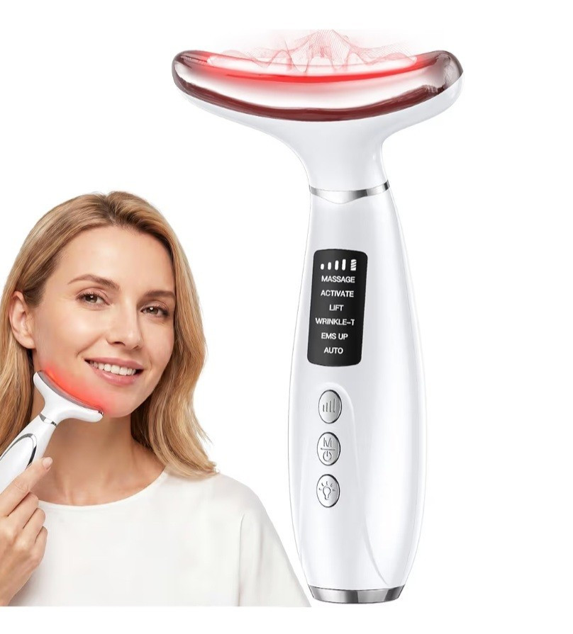 Handheld Face & Neck Massager with Red Light, White/Red Plastic, 1 Head
