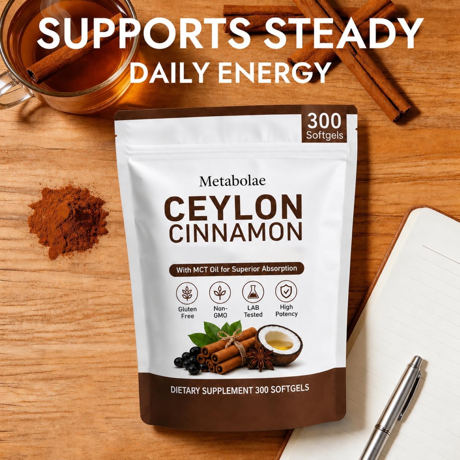 Ceylon Cinnamon Supplements – Plant-Based, Non-GMO, Gluten-Free, 300 Softgels