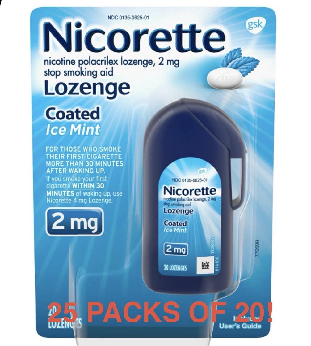 25 Packs Of 20! Nicorette 2mg Nicotine Lozenges (Ice Mint) 500 LOZENGES TOTAL!!