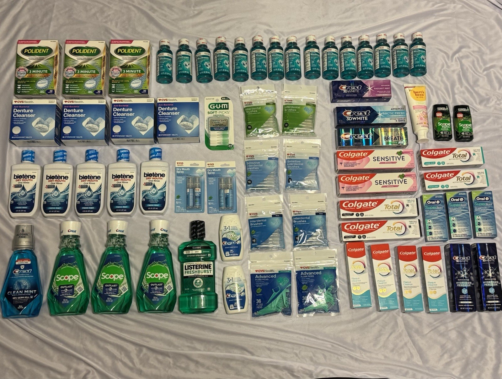 Bulk Stockpile Lot 66 Pcs Oral Care Biotene Dry Mouth Crest Colgate Rinse Floss