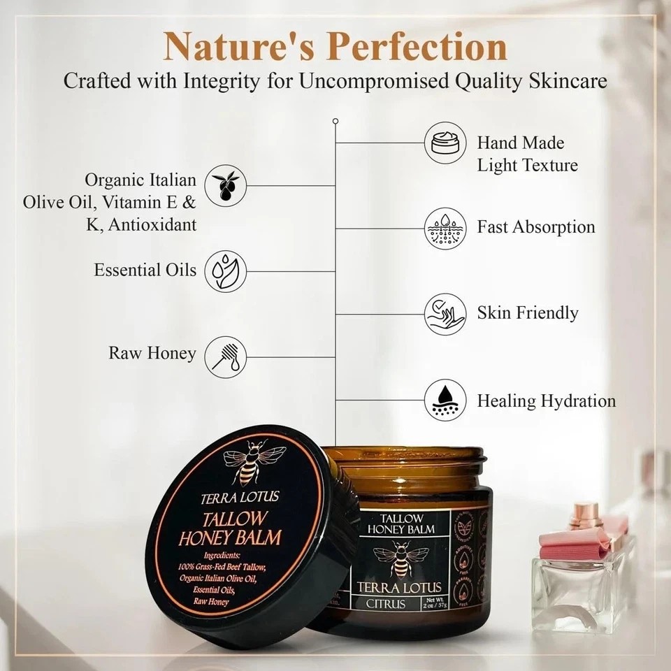 NEW! Terra Lotus ORGANIC Beef Tallow Balm Raw Honey Citrus Moisturizing Cream