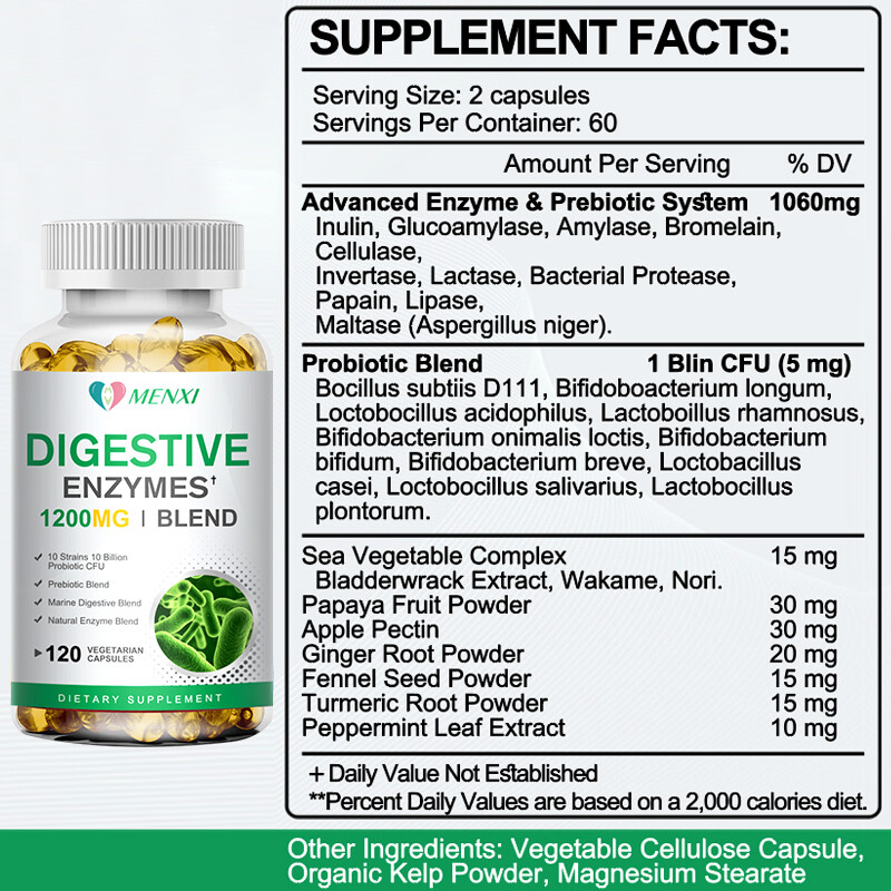 Digestive Enzymes Prebiotic & Probiotics Constipation Bloating Relief 120 Caps