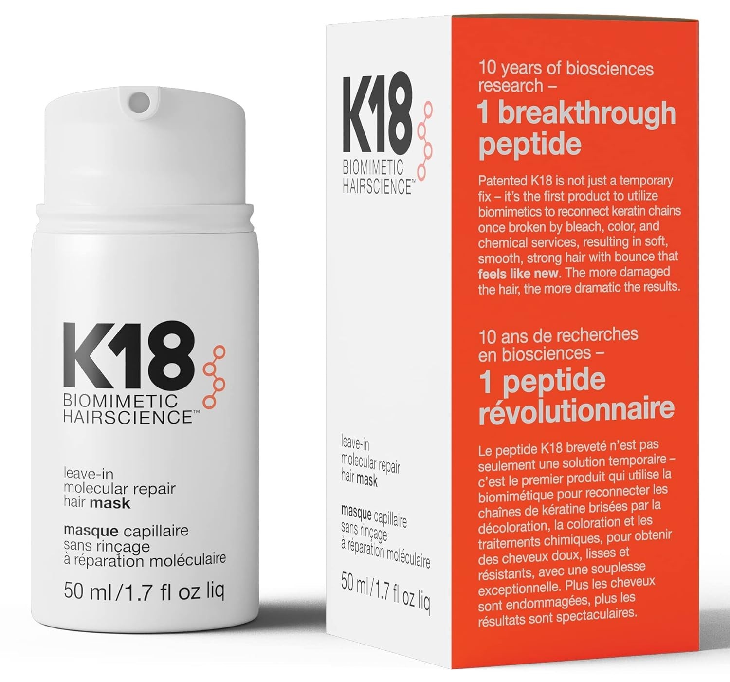 K18 Biomimetic Leave-In Molecular Repair Hair Mask, Reverse Damage 50 ml Sealed