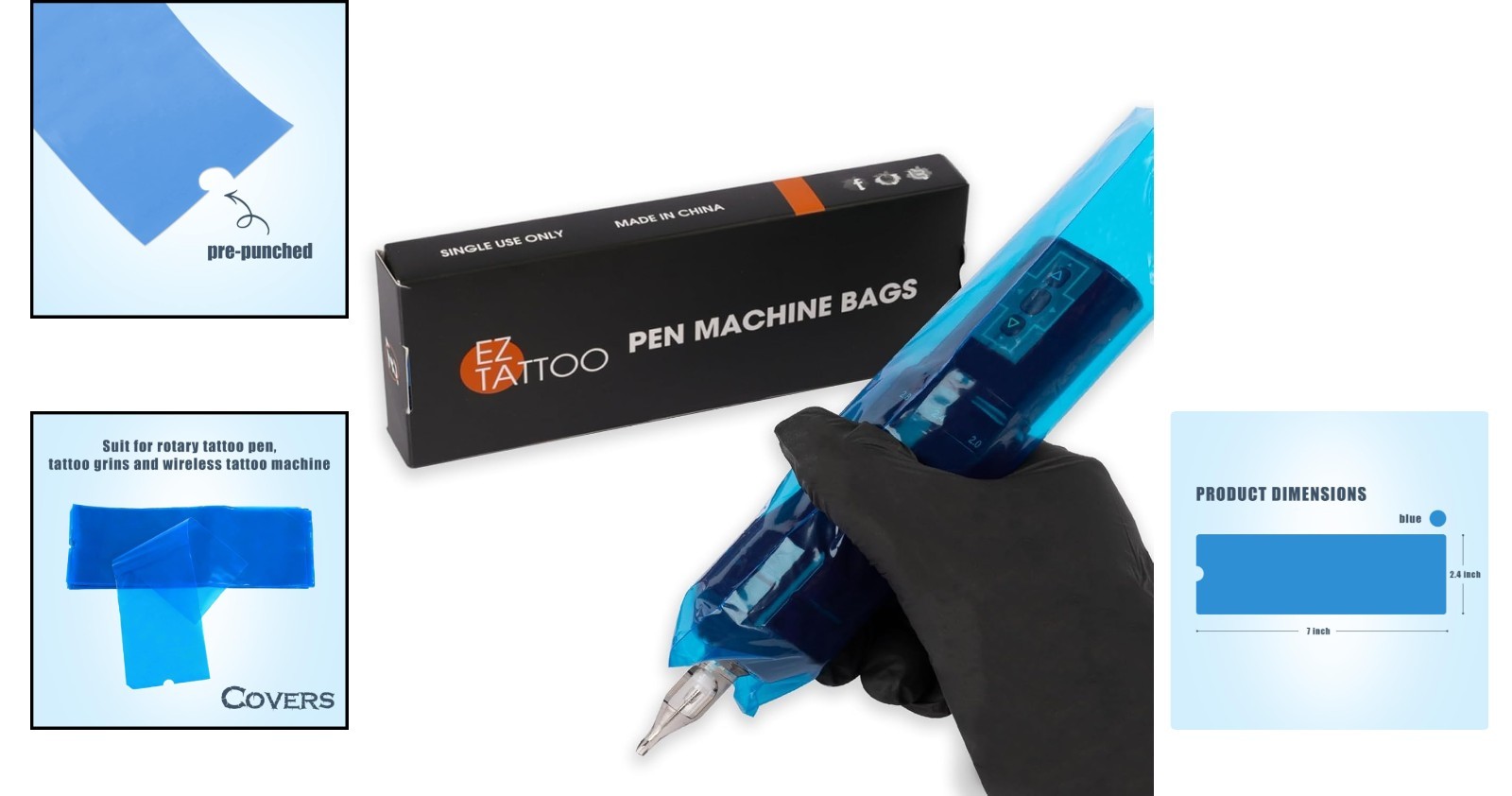 200 Disposable Tattoo Sleeves for Pen Machines – 2.4in x 7in Pre-Punched Design