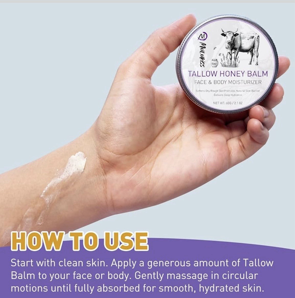 Mulkiss Tallow Honey Balm Hydrating Face & Body Moisturizer Lavender 2.1oz
