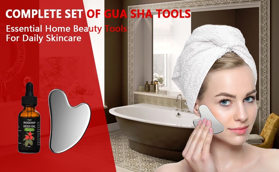 Gua Sha Set with Oil for Facial Skin Care Body Eyes Neck Massage for Anti Aging