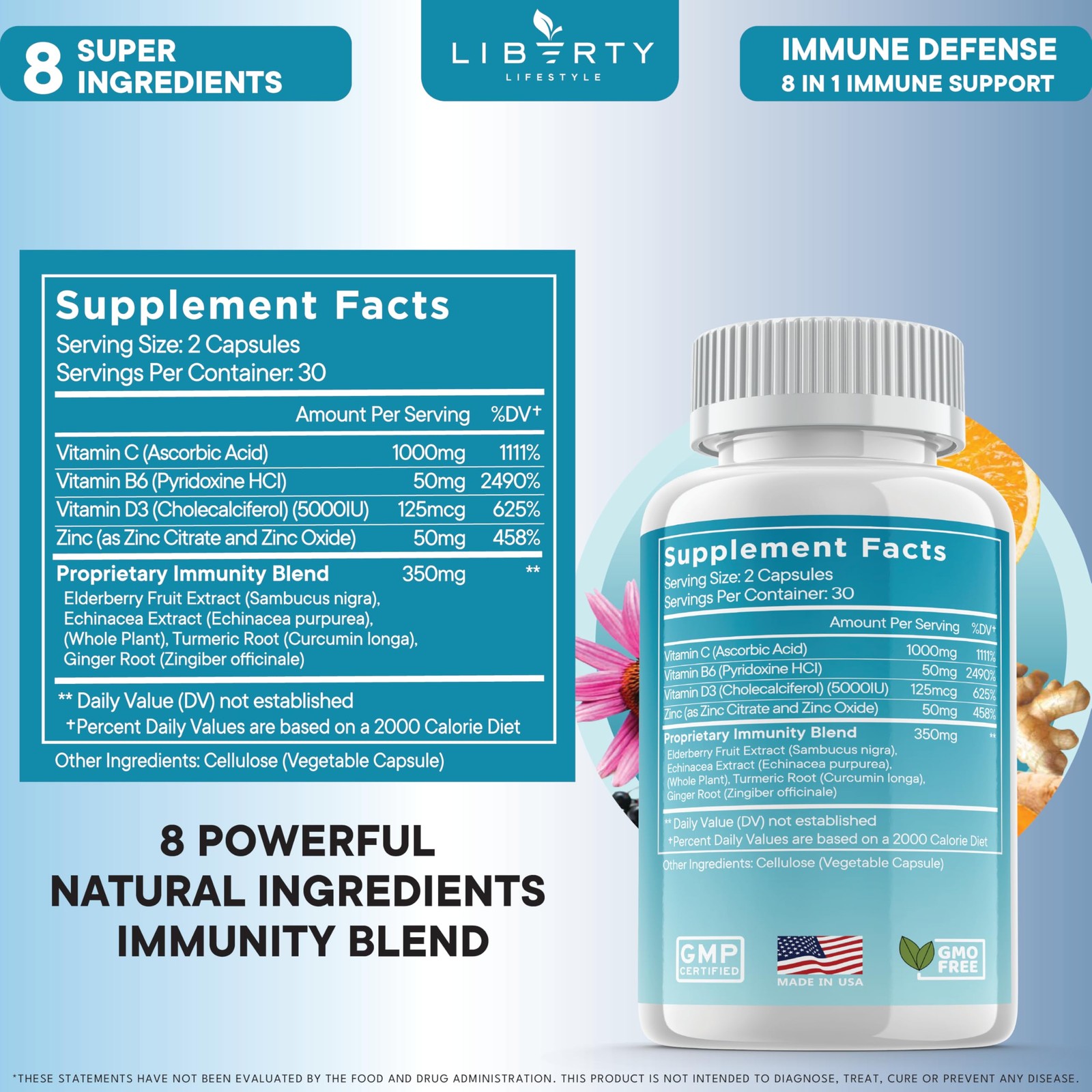 Liberty Lifestyle 8 in 1 Immune Supplement with 60 Count (Pack of 3)
