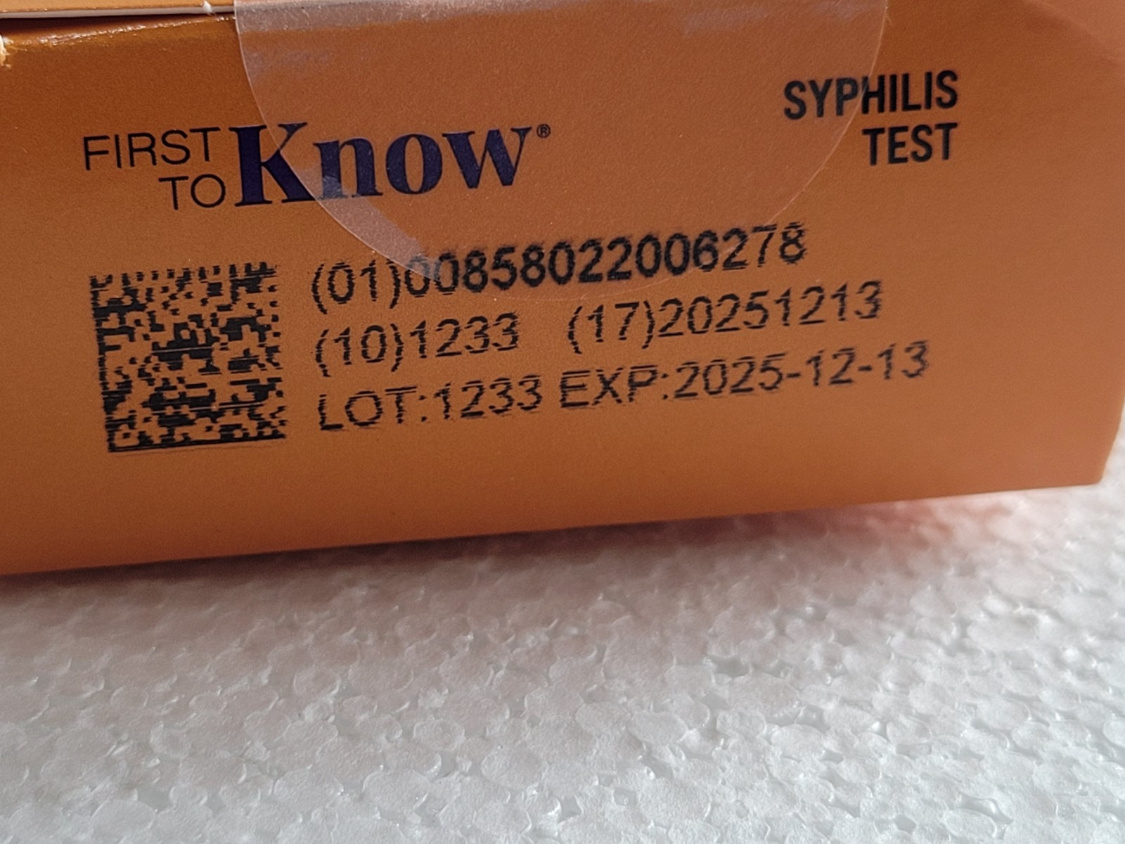 First To Know Syphilis Test, in Home Fingerstick Blood 12/25 DAMAGED BOX