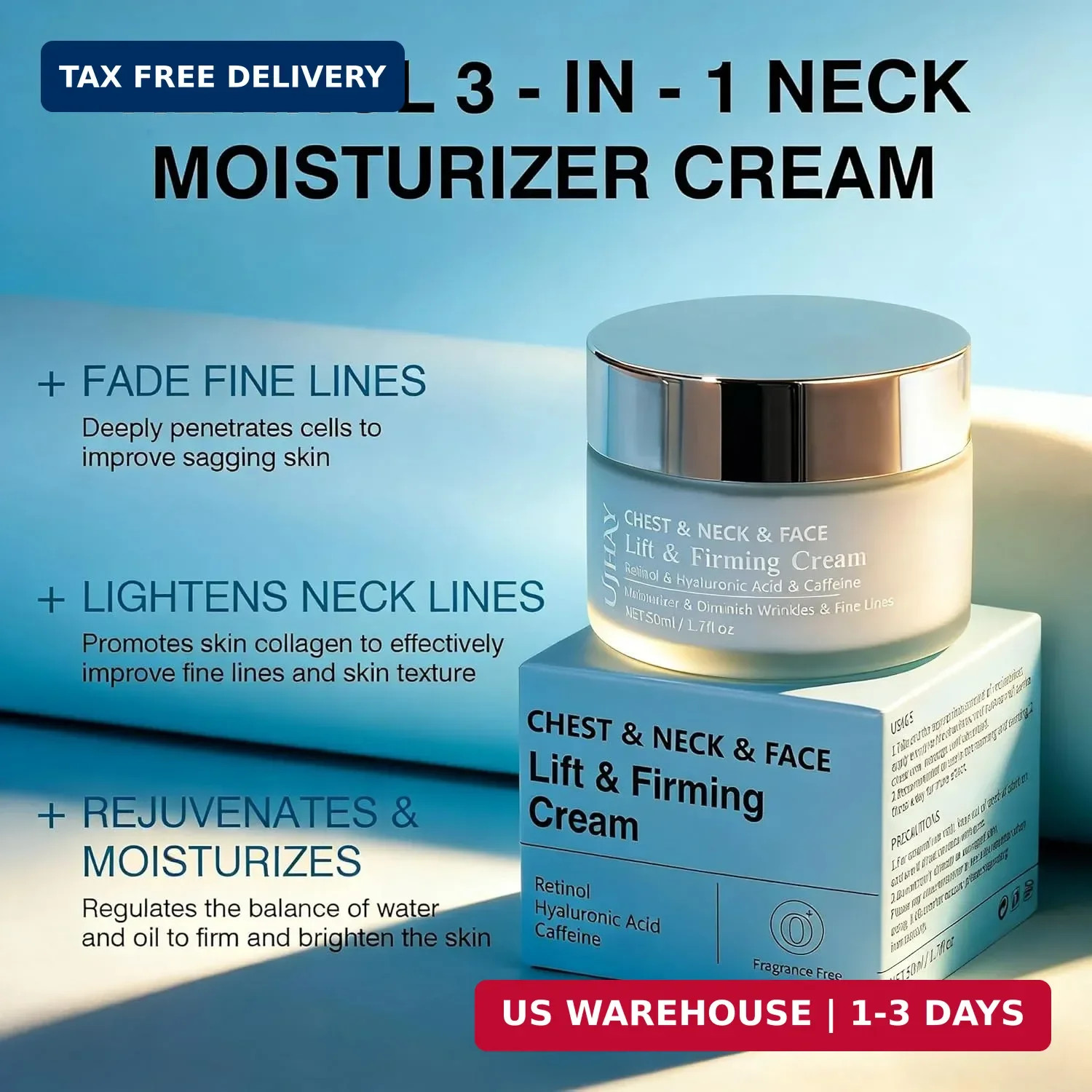UJhay Retinol Neck Cream, Hyaluronic Acid and Caffeine Enriched Neck Firming Cre