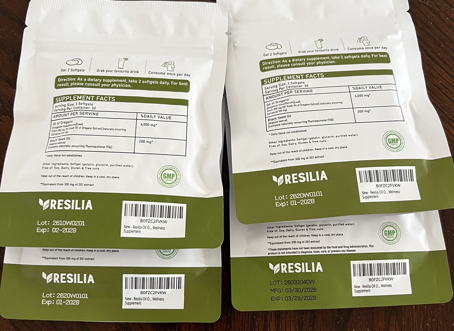 4 Sealed Resilia Oil Of Oregano 6,000 Mg, With Black Seed Oil, 60 Softgels Each