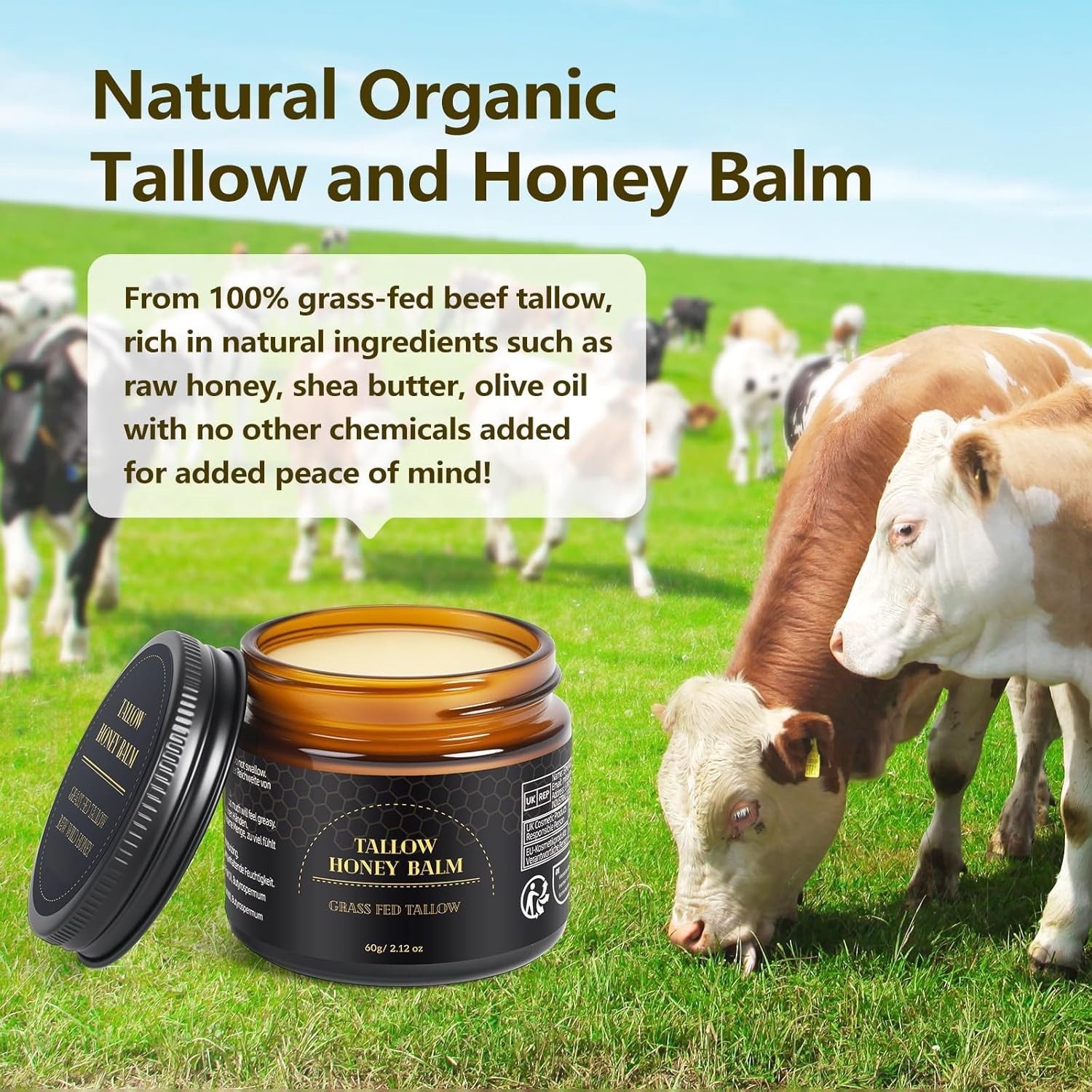 Beef Tallow for Skin, Beef Tallow for Face, Hydrating Tallow Balm with Raw Honey
