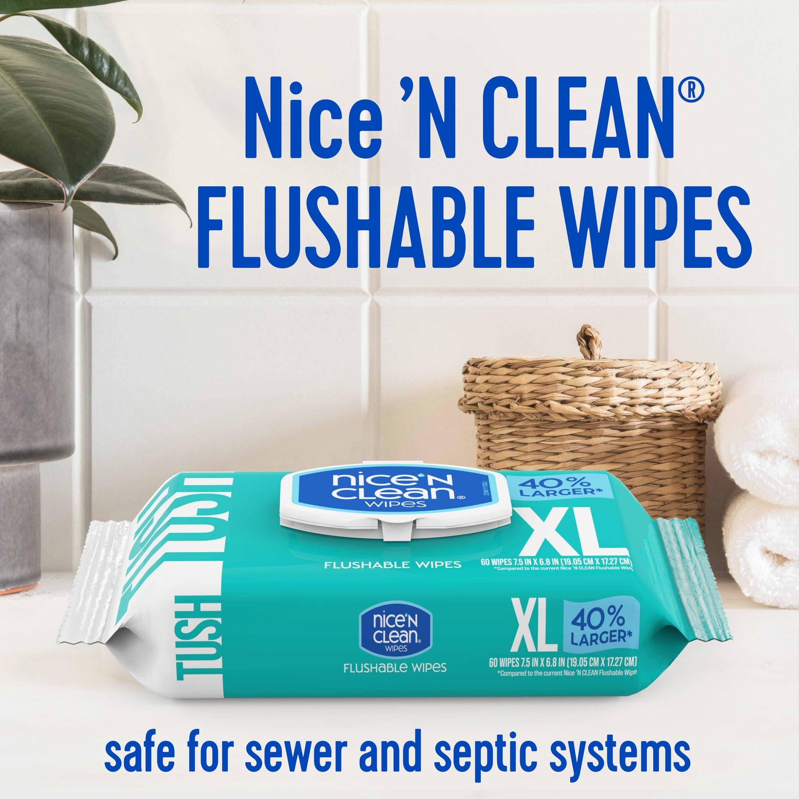 Nice ‘N CLEAN Extra Large Flushable Wipes | 40% 60 Count (Pack of 3), White