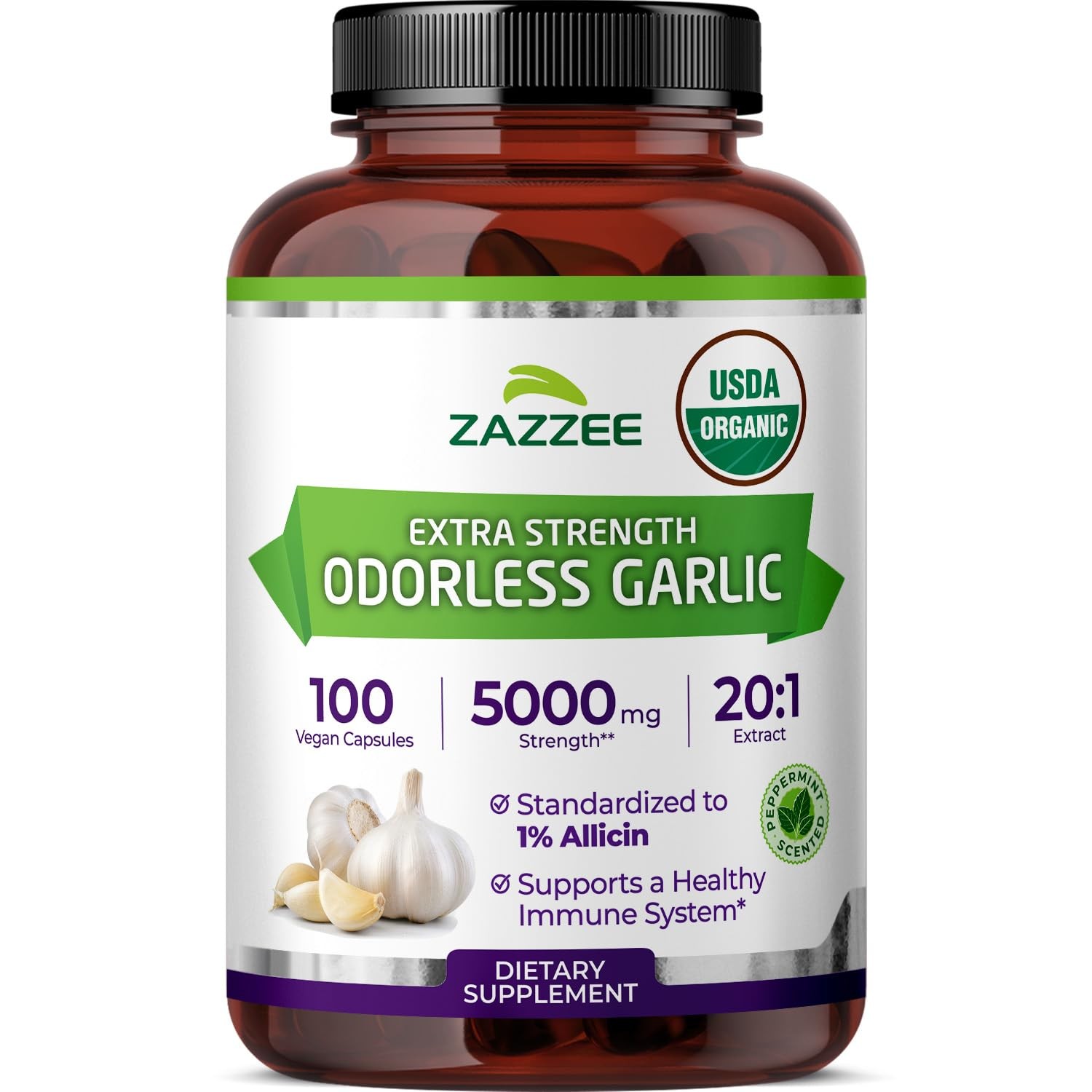 USDA Organic Odorless Garlic 201 Extract, 1% Allicin, 100 Vegan Capsules, 3+ …