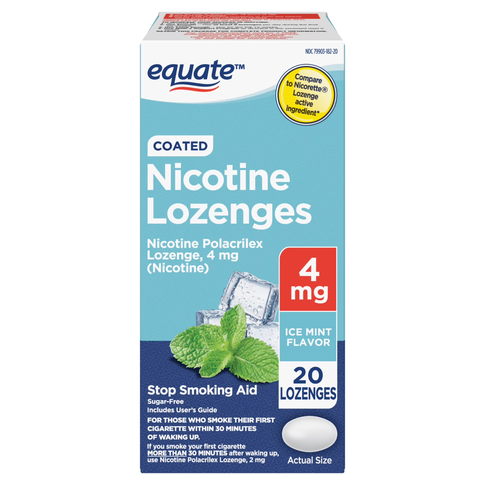 Equate Coated Nicotine Polacrilex Lozenges, 4 mg Ice Mint Flavor, Stop Smoking A