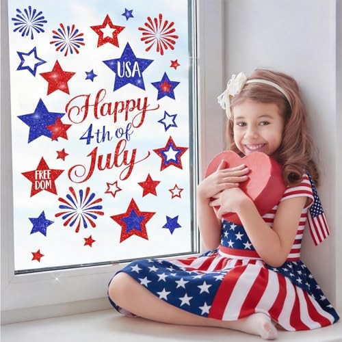 Patriotic Window Clings Window Decals Happy 4th of July Glitter Glitter Stars