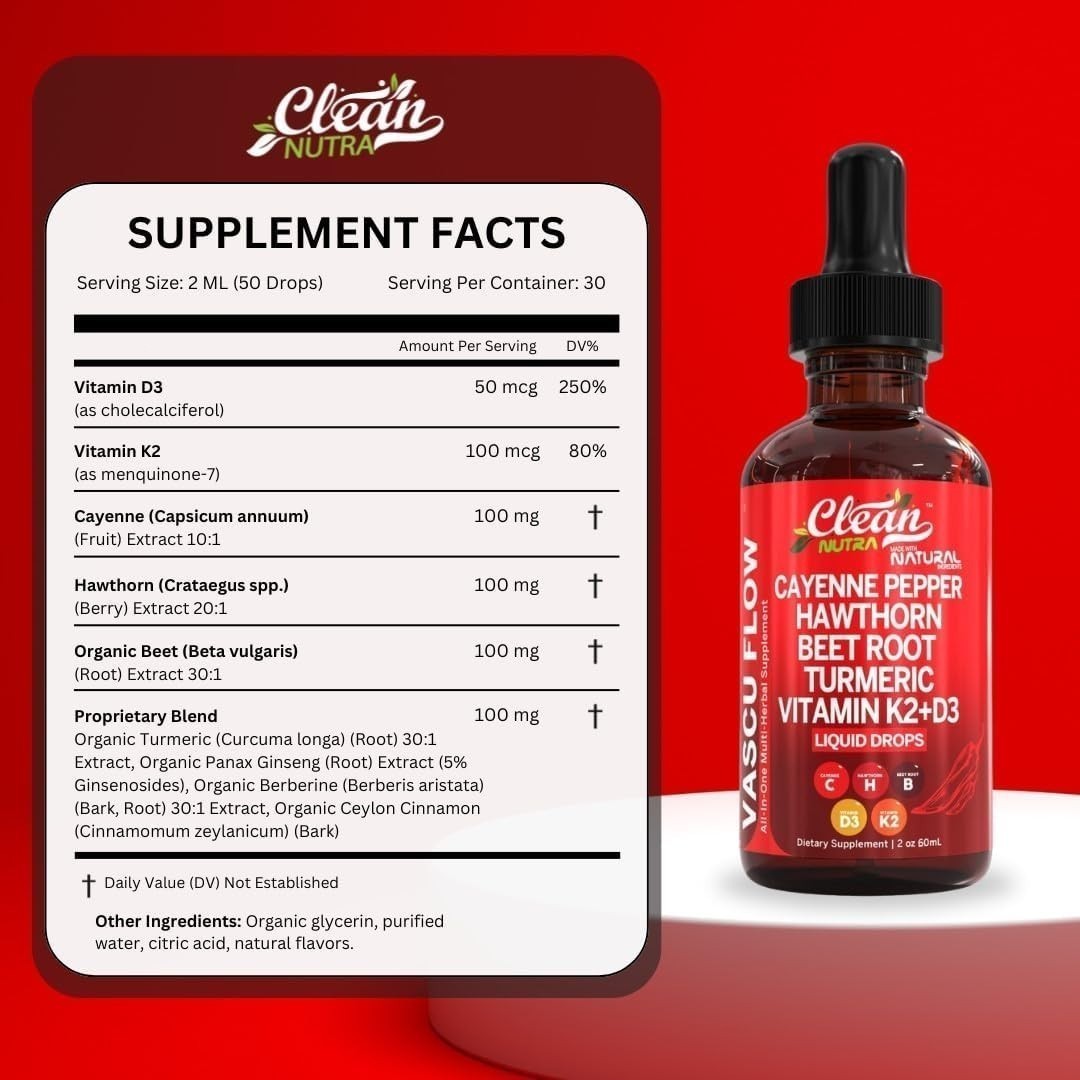Cayenne Pepper Supplement Liquid Drops + Hawthorn Berry, Vitamin D3 K2