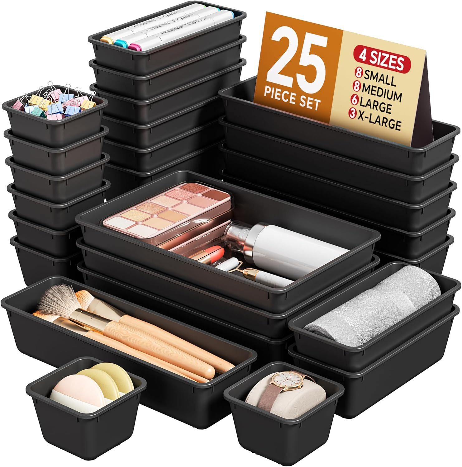 KEMETHY 25 PCS Plastic Drawer Organizers Set, 4 Sizes Vanity Organizer, Makeup a