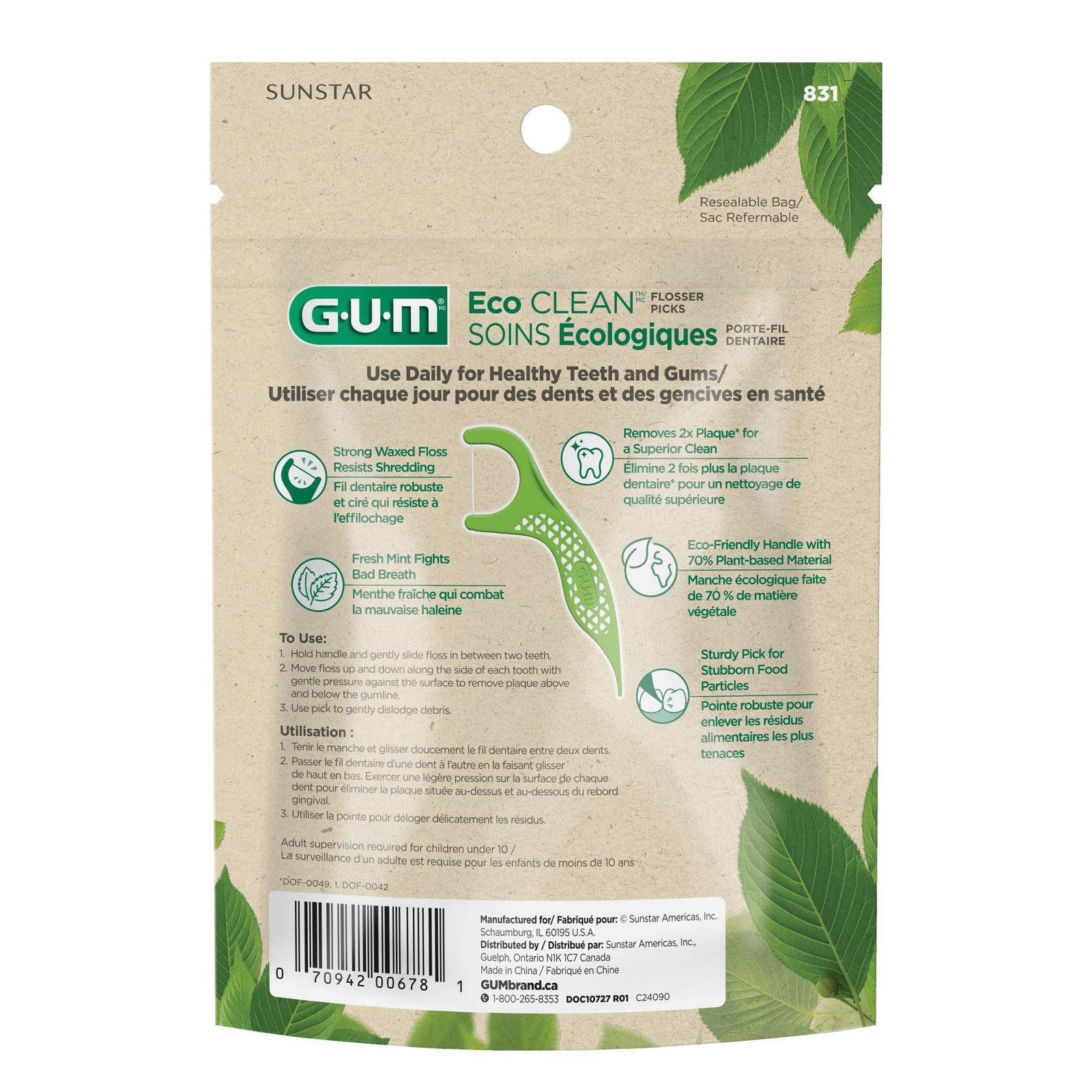 GUM Eco Clean Flosser Picks, Promotes Healthier 60 Count (Pack of 3), Green