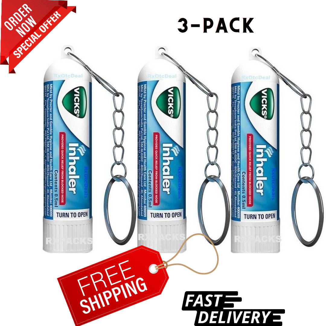 Vicks Inhaler Sinus Nasal Congestion Cold Allergy Block Nose Relief 0.5ml 3-Pck